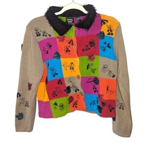 Vintage Y2K Christine Rotelli Fall Autumn Bear  umbrella patch quilt sweater P
